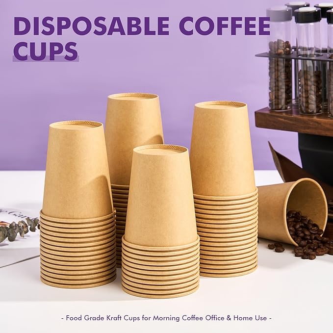 8 oz 200 Pack Disposable Paper Cups, Kraft Coffee Cups, Brown Paper Disposable Hot Cups for Coffee, Tea, Cocoa, Water