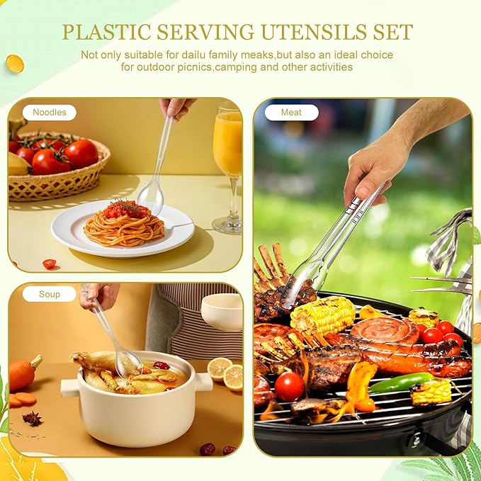 Mwellewm 18Pcs Serving Utensils, 10'' Plastic Serving Utensils Set, Large Disposable Serving Spoons for Buffet, Tongs for Serving Food, Party Supplies for Salad Soup Noodles Dinner Catering(Clear)