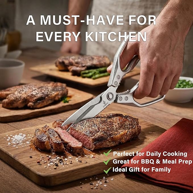 Heavy Duty Kitchen Shears Set of 2, Stainless Steel Kitchen Scissors for Cutting Chicken, Meat & Bones, Aluminum Alloy Handle, Ultra Sharp Serrated Blades, Dishwasher Safe