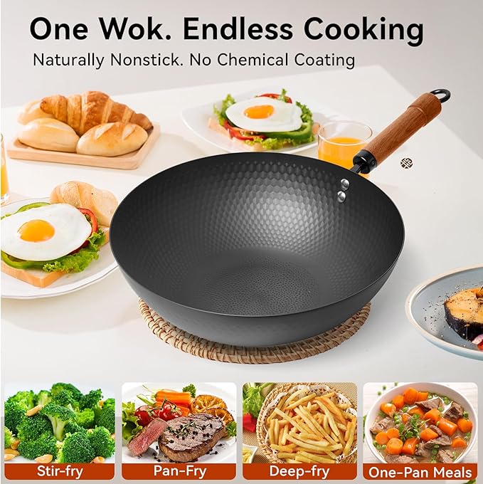 WANGYUANJI 12.6-Inch Carbon Steel Wok with Lid, Flat Bottom Nonstick Chinese Wok Pan with Detachable Wooden Handle for Induction, Gas & Electric, 5 QT Stir Fry Pan