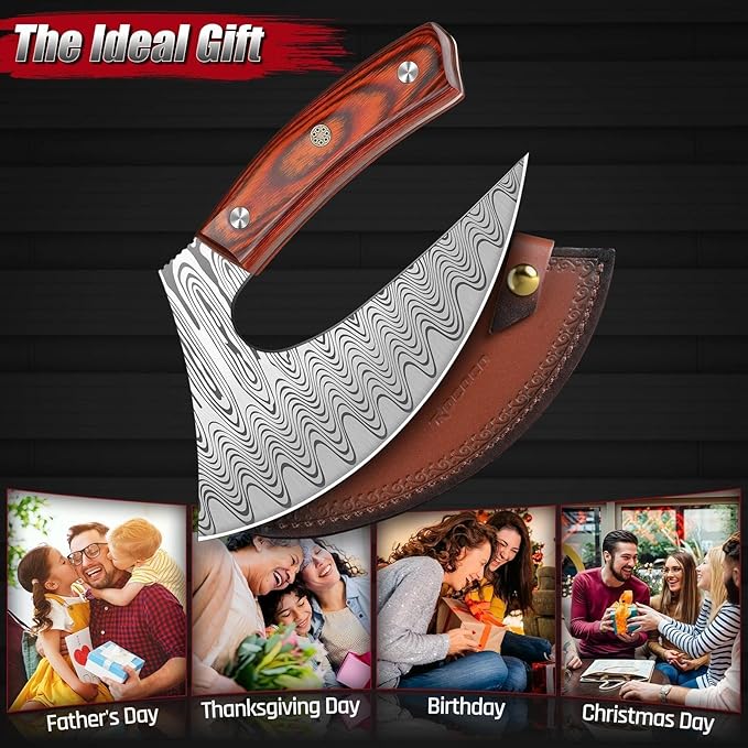 ROCOCO Pizza Cutter Ulu Knife – Full Tang Mezzaluna Rocker Chopper with Sheath for Kitchen, Camping, BBQ, Christmas Gifts Men Women