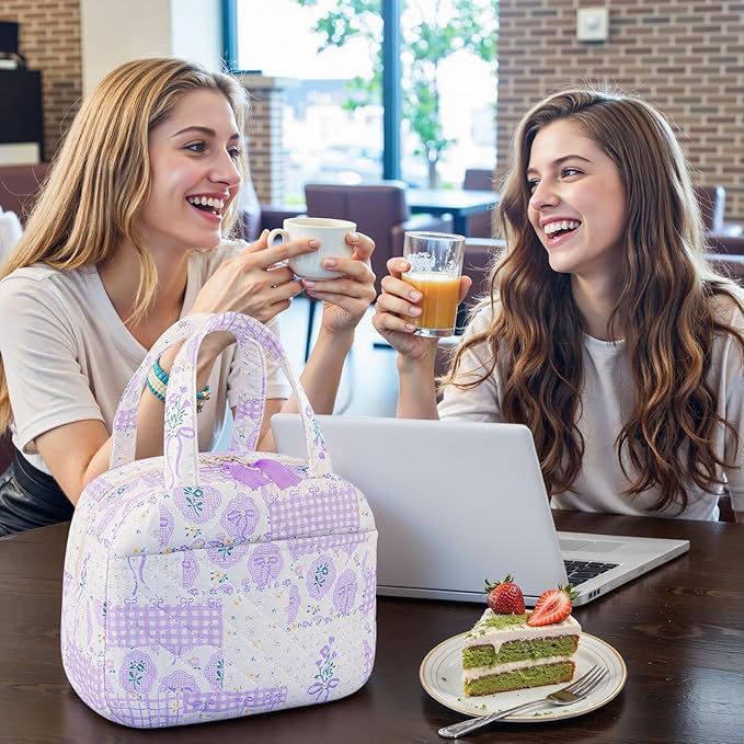 Quilted Lunch Box for Women,Coquette Aesthetic Lunch Box for Teen Girls,Cute Purple Bow Floral Lunch Bags for Work, School,Office,Picnic,Travel (Purple Bow Floral)
