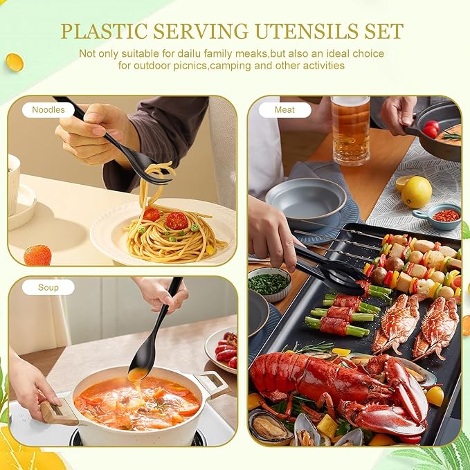 Mwellewm 18Pcs Serving Utensils, 10'' Plastic Serving Utensils Set, Disposable Serving Spoons for Buffet, Large Serving Tongs for Food, Heavy Duty Party Supplies for Salad Soup Cooking Catering(Black)