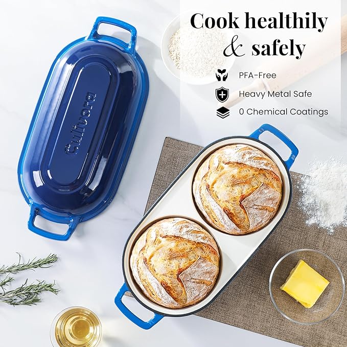 Cast Iron Bread Pan with Lid, Enamel Sourdough Baking Dutch Oven Pot, Double Round Loaf Space for Homemade, Bread, Cake, Meatloaf, 16.5cm Diameter, 500°F Oven Safe, Non Stick, Blue