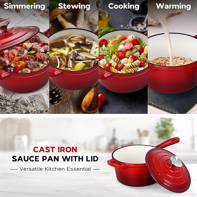 Onader Enameled Cast Iron Sauce Pan, 1QT & 2QT Small Saucepan Set with Lid, Cast Iron Sauce Cooking Pot, Enamel Dutch Oven, Nonstick & Induction Compatible – Red