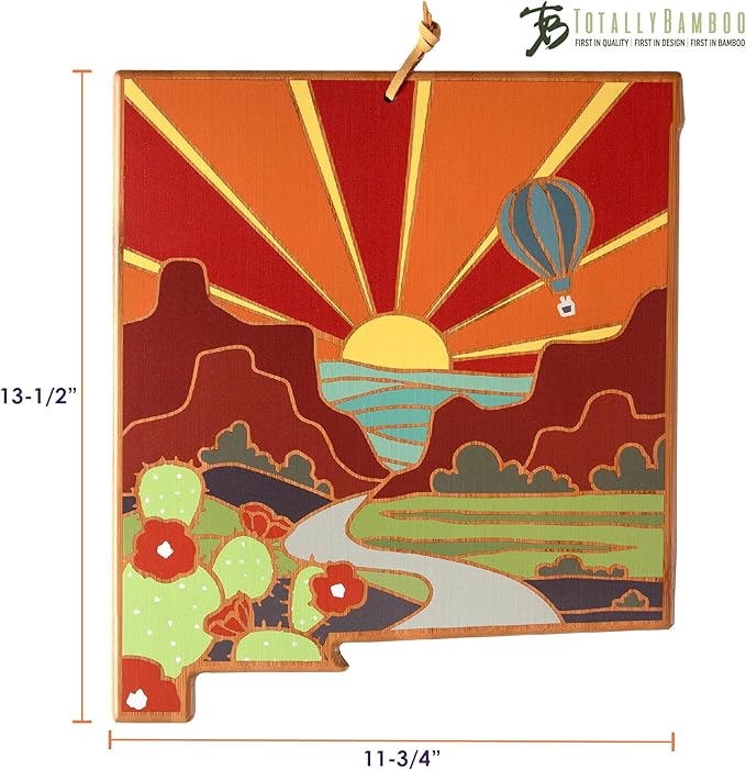 Totally Bamboo New Mexico State Shaped Cutting Board and Charcuterie Serving Platter with Artwork by Summer Stokes, Includes Hang Tie for Wall Display
