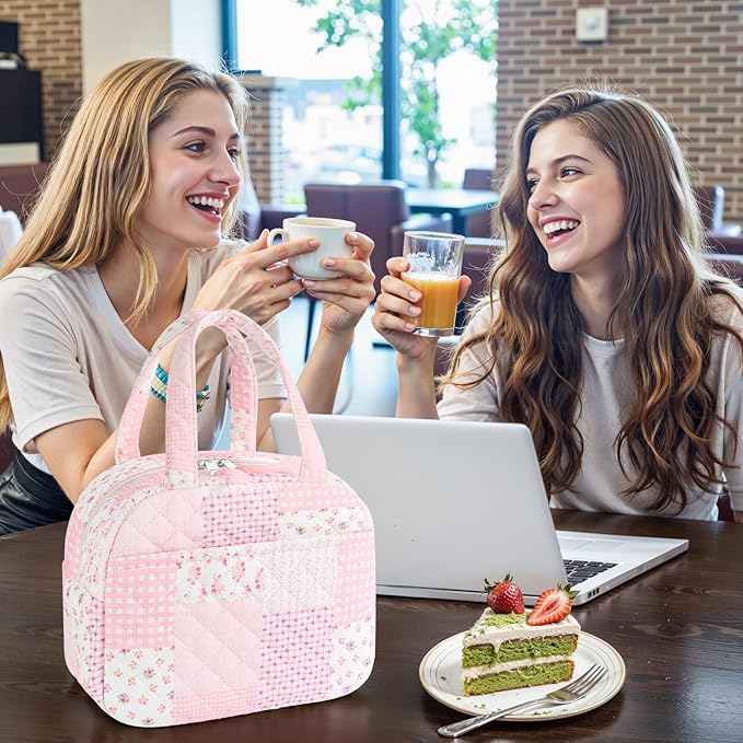 Quilted Lunch Box for Women,Coquette Aesthetic Lunch Box for Teen Girls,Cute Pink Patchwork Lunch Bags for Work, School,Office,Picnic,Travel (Pink Patchwork)