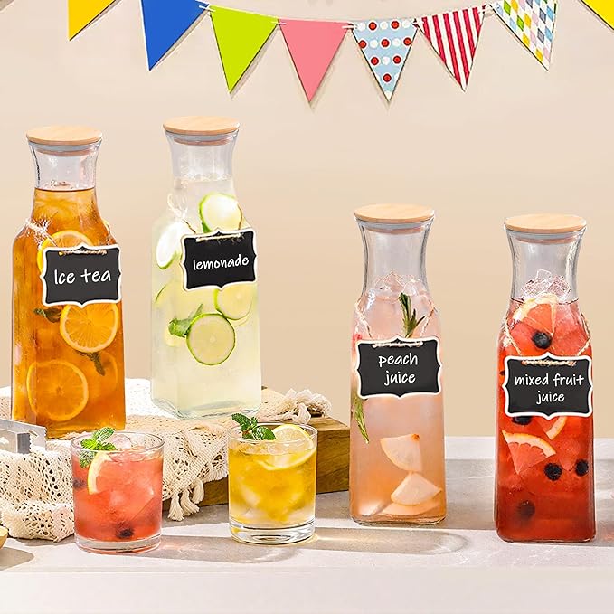 Glass Carafe with Bamboo Lid, Square 35 Oz Beverage Dispensers Carafe, Mimosa Bar Supplies, Clear Glass Pitcher with Name Labels for Iced Tea, Coffee, Juice(Set of 2)