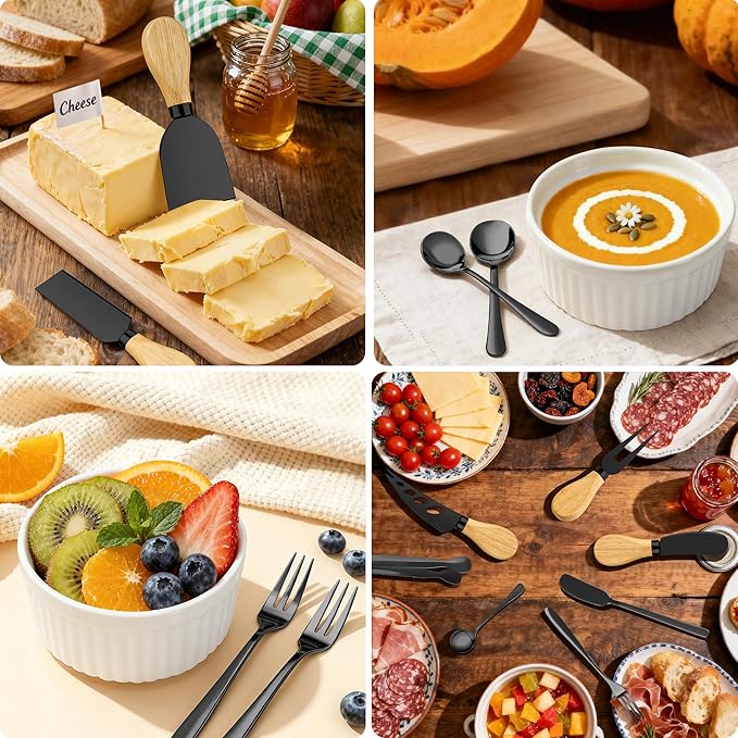 Charcuterie Boards Accessories Bowls, Cheese Knife Set Mini Butter Spreader, Serving Tongs, Forks, Spoons, Dipping Bowls with Lids, Toothpick Flags, Honey Dippers For Party Platter Making (Black)