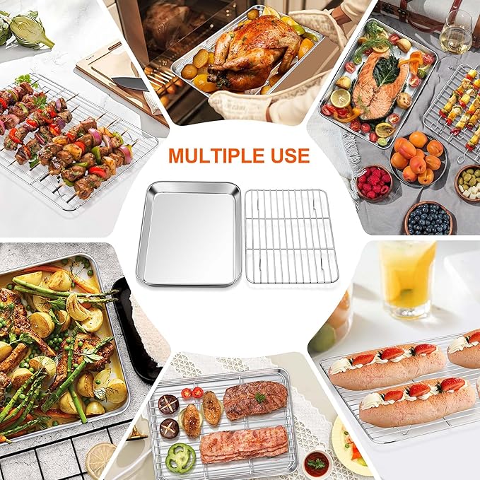Homikit Baking Sheet with Rack Set (2 Pans + 2 Racks), 10 x 8 Inches Stainless Steel Small Cookie Sheets with Cooling Racks Non Toxic, Metal Toaster Oven Bacon Crisp Trays for Baking, Dishwasher Safe
