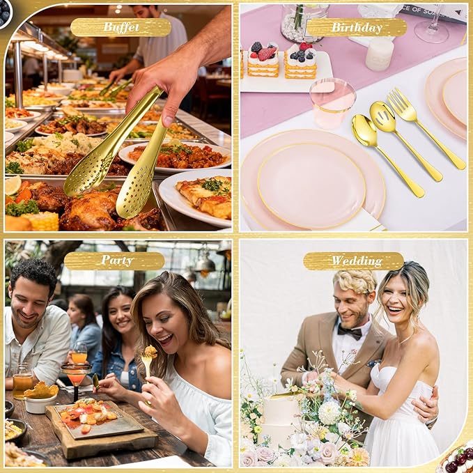 10 PCS 18/8 Gold Stainless Steel Heavy Duty Serving Utensils Set for Parties, Kitchen Serving Tools-Serving Spoons, Slotted Spoons, Serving Forks Tongs Soup Ladle, Cake Pie Server for Buffet, Wedding
