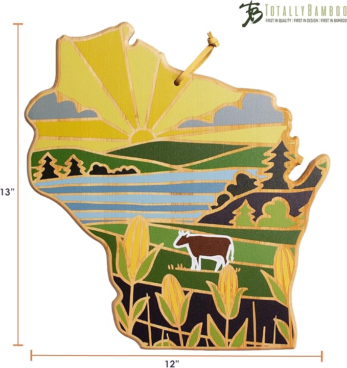 Totally Bamboo Wisconsin State Shaped Cutting Board and Charcuterie Serving Platter with Artwork by Summer Stokes, Includes Hang Tie for Wall Display Varies