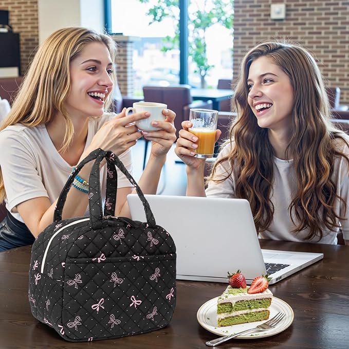 Quilted Lunch Box for Women,Coquette Aesthetic Lunch Box for Teen Girls,Cute Floral Lunch Bags for Work, School,Office,Picnic,Travel (black bow polka dots)