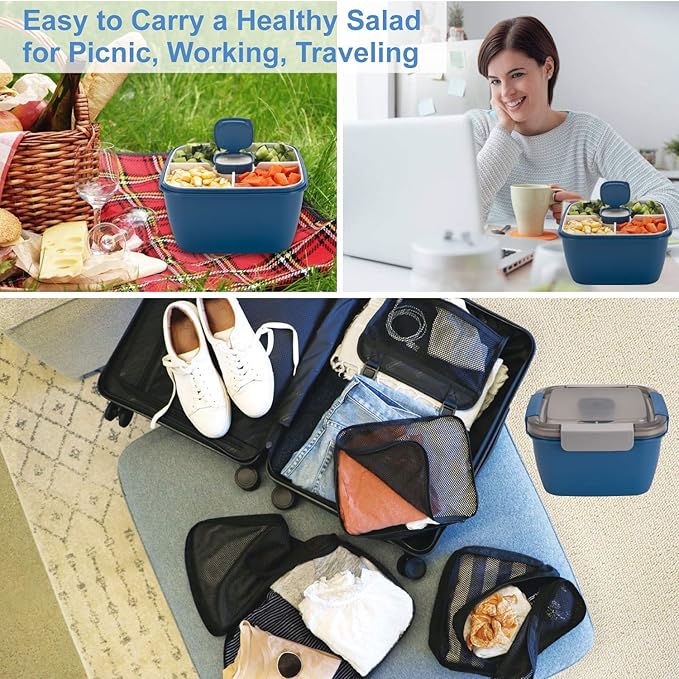 Freshmage Salad Lunch Container To Go, 2 Packs 52-oz Salad Bowls with 3 Compartments, Salad Dressings Container for Salad Toppings, Snacks, Men, Women (Blue+Green)