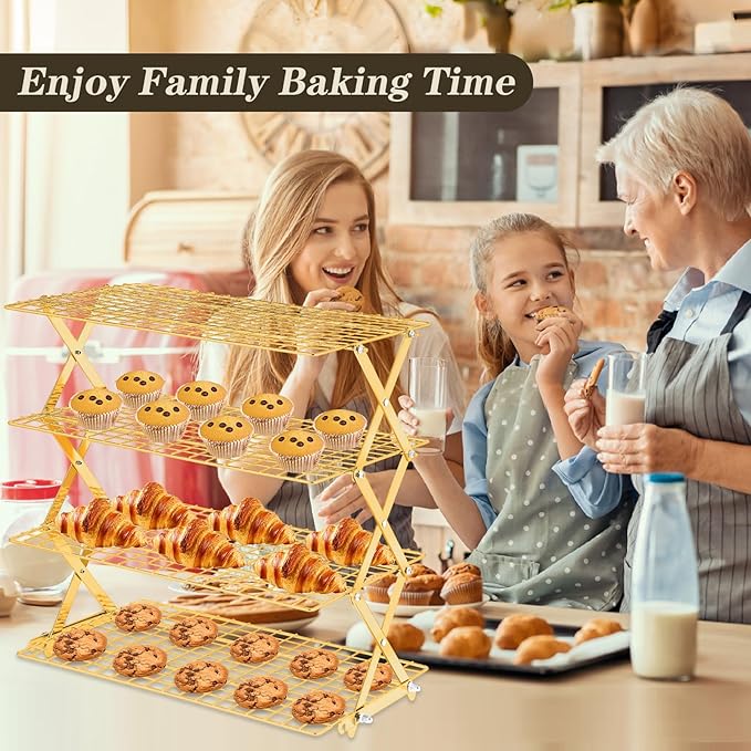 Pleafind 4 Tier Gold Collapsible Cooling Rack - 3 Setting Design, Adjustable & Stackable Baking Rack, 5 Modes Cooling Racks for Cooking and Baking, Roasting & Grilling Gifts for Picnic Party