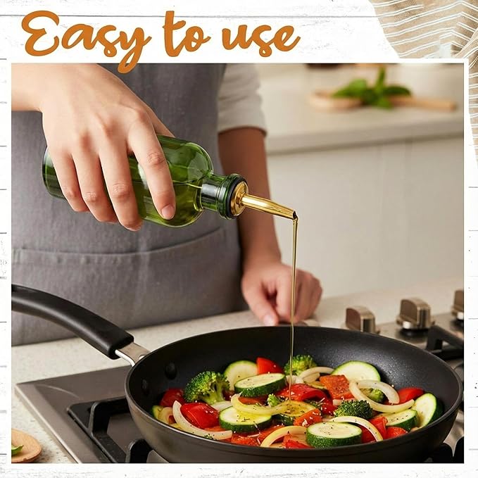 3 Pack Olive Oil Dispenser 7oz, Olive Green Glass Bottle with Metal Spout and Lid, Vinegar Cruet Kitchen Small Oil for Cooking, Salad, Baking (Elegant)