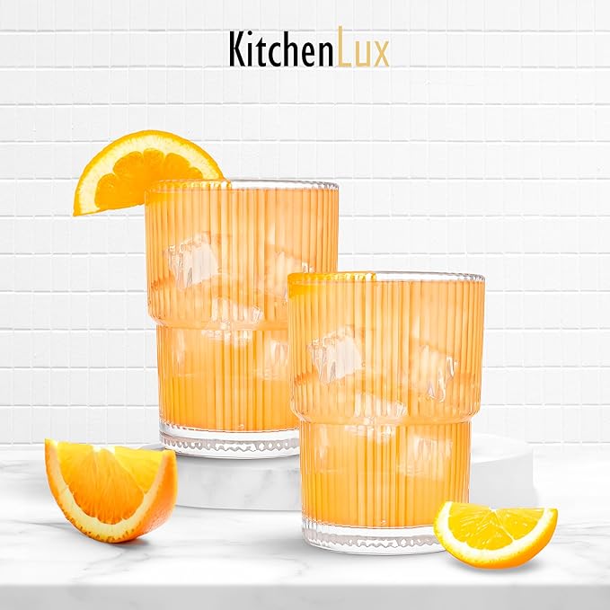 Ribbed Drinking Glasses - Ribbed Glass Cups 15 oz - Ribbed Glassware Set of 6 - Textured Vintage Retro Ripple Aesthetic Glass Ware for Whiskey Cocktail Beer Water, Coffee Bar Accessories