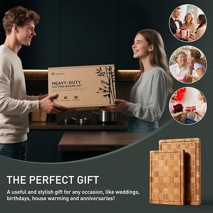 2 Pack Heavy Duty Bamboo Cutting Board Set Non Slip Over Sink Solid End Grain Thick Wood Chopping Board Extra Large Big Small Best Organic Hardwood Wooden Kitchen Essential New Home Housewarming Gift