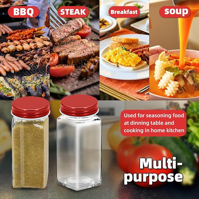 2Pcs 4oz Glass Spice Jars with Shaker Lids, Spice Jars Trial Set & Supplement Set, Empty Spice Containers and Square Spice Bottles for Kitchen (Red iron Lids)