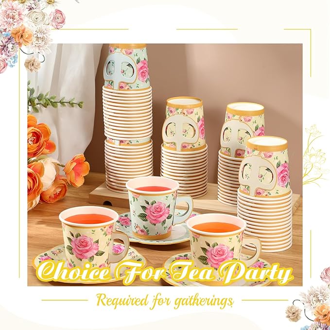 Umigy 60 Sets Spring Tea Party Decorations 6.5 oz Floral Paper Teacups & Saucer Set for Girls Women Afternoon Tea Parties Mothers Day Bridal Shower Wedding Birthday Party Decorations(Yellow, Green)