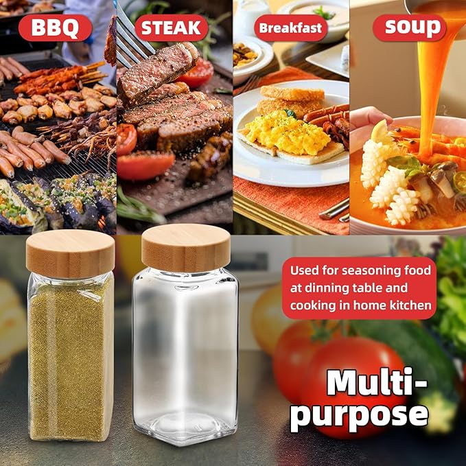 2Pcs 4oz Glass Spice Jars with Shaker Lids, Spice Jars Trial Set & Supplement Set, Empty Spice Containers and Square Spice Bottles for Kitchen (Bamboo Lids)