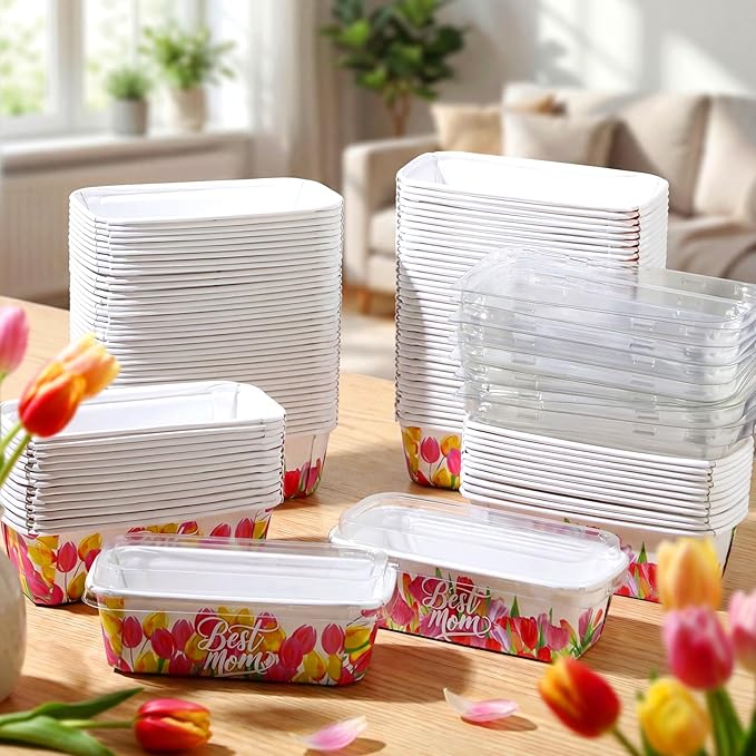 LemonRoad 100 Pcs Mother's Day Mini Loaf Pans with Lids 6.3 x 2.2 x 2.2 Inch Tulip Disposable Paper Baking Pan Bulk, Mothers Day Baking Party Supplies for Cake Bread Oven Bakery