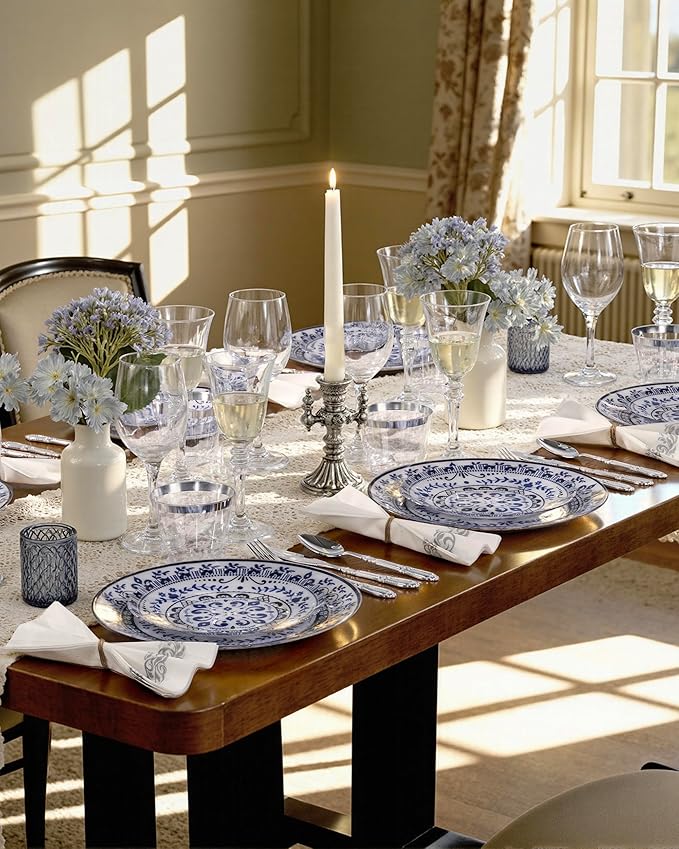 Hioasis 60pcs Blue Plastic Plates Set - Floral Blue & White Porcelain Design, 10.25" Dinner & 7.5" Dessert Plates Disposable for Wedding (Dishwasher Safe, Traditional Style)