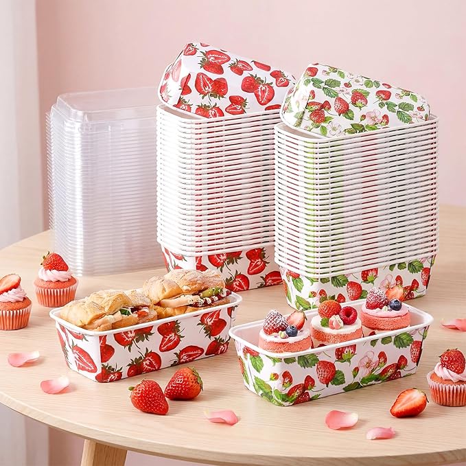 LemonRoad 100 Pcs Strawberry Mini Loaf Pans with Lids 6.3 x 2.2 x 2.2 in Disposable Paper Baking Pans Bulk, Strawberry Baby Shower Baking Party Supplies for Cake Bread Oven Bakery