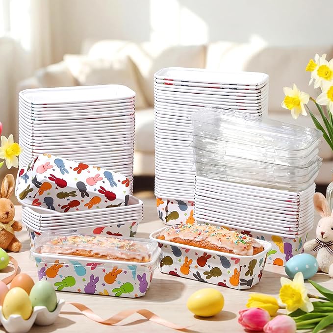 LemonRoad 100 Pcs Easter Mini Loaf Pans with Lids 6.3 x 2.2 x 2.2 Inch Rabbit Disposable Paper Baking Pans Bulk, Easter Baby Shower Baking Party Supplies for Cake Bread Oven Bakery