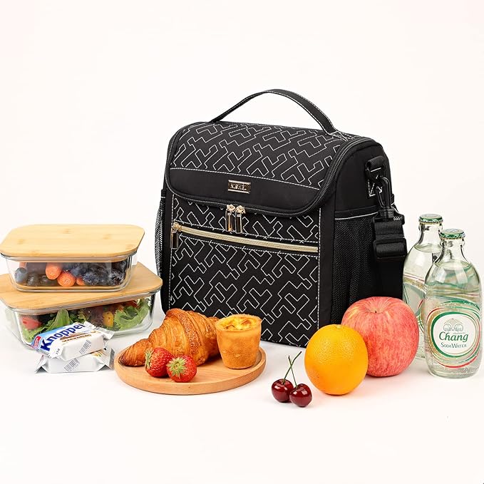 NISHEL Lunch Bag for Women, Portable Insulated Meal Box with Shoulder Strap, Resuable Leakproof Cooler Case for Work, Black