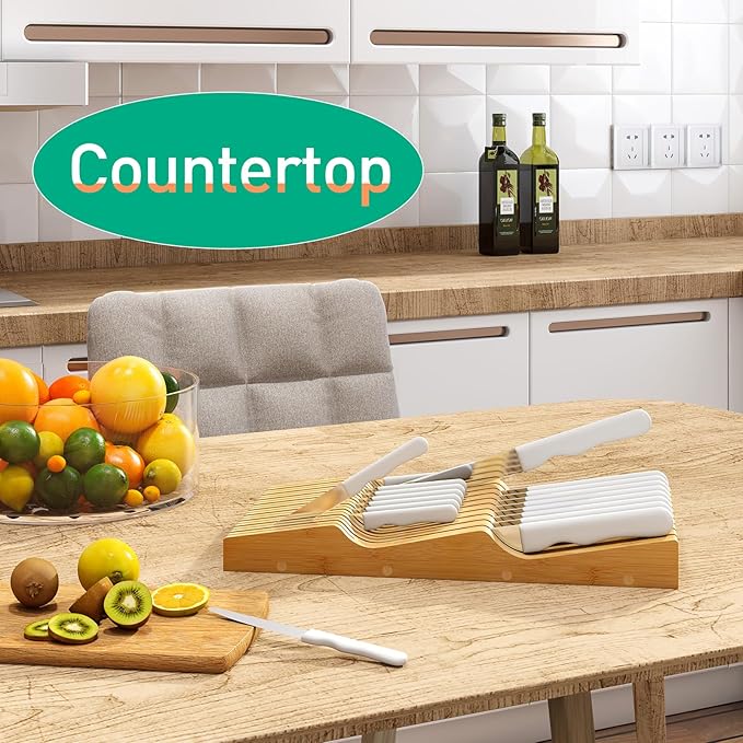 Large Drawer Knife Organizer Insert, Bamboo Wood Knife Holder, Knife Block Hold up To 19 Knives