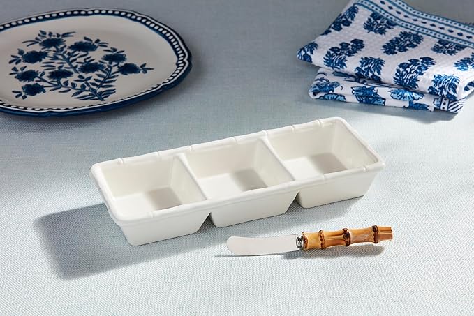 Mud Pie Bamboo Triple Tidbit; dish 5" x 11 1/4" | spreader 5 1/2"