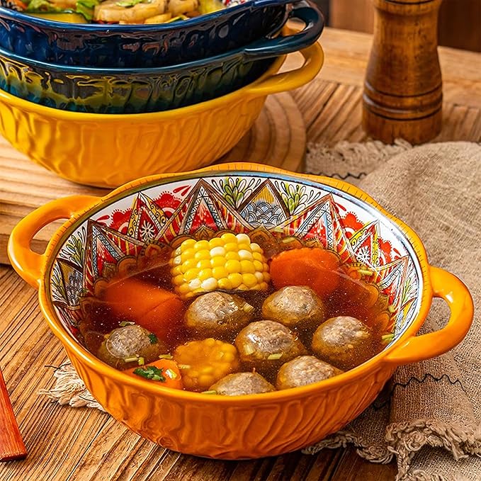 2 Pack Boho Ceramic Serving Bowls with Handles, 40 Oz Porcelain Salad Bowls, Large Serving Dishes for Entertaining, Mixing Bowls for Soup, Stew, Pasta, Cereal, Colorful Embossed Cute Bowls Set HH