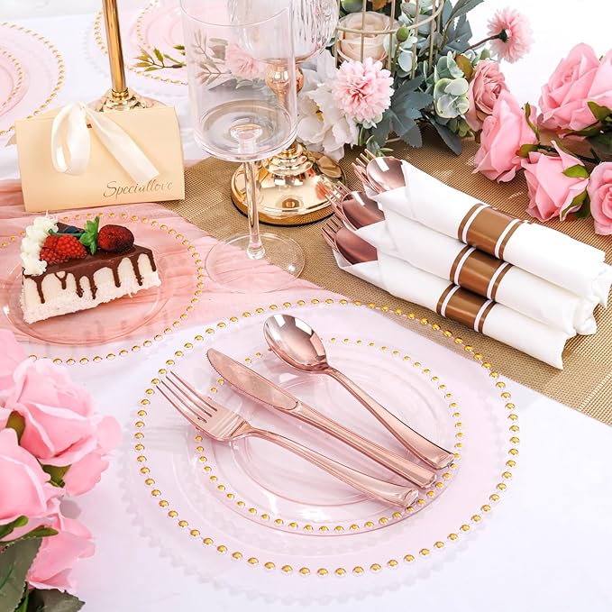 Supernal 100 Pack Rose Gold Plastic Silverware, Wrapped Silverware Set Disposable, Wrapped Plastic Cutlery Set with Napkin, Rose Gold Disposable Cutlery Set for Wedding, Party, Birthday