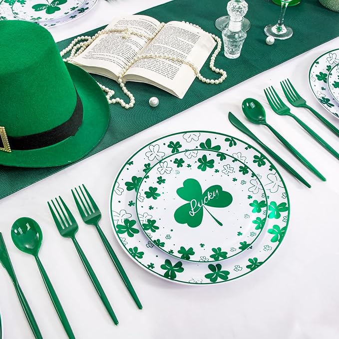 Rubtlamp 60Pcs Plastic Green Plates,St Patricks Day Plates with Green Trefoil and Lucky Alphabet, Green Disposable Plates include 30 Plastic White Dinner Plates and 30 Salad Plates for Spring