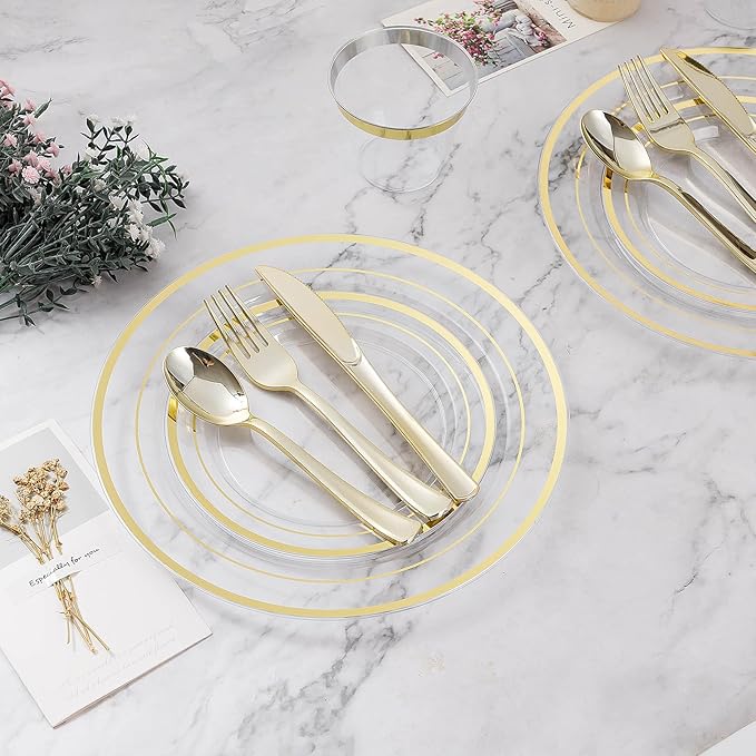 BESTVIP 50PCS 7" Clear Gold Plastic Plates, Small Disposable Salad Dessert Plate with Gold Rim, Heavy Duty Disposable Plastic Plates for Party, Wedding and Birthday, Events
