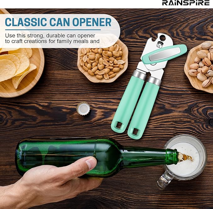 Rainspire Can Opener Manual Handheld Strong Manual Can Opener Smooth Edge Cut, Can Opener Heavy Duty, Comfortable Soft Handle, Built-in Bottle Opener, Mint Green
