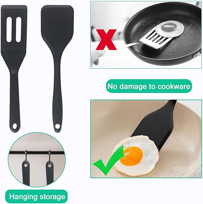 (2 Pack) Heat-Resistant Flexible Silicone Spatula for Baking, Cooking, Small Silicone Spatula Kitchen Utensils for Cookies & Brownies, Mini Rubber Spatulas for Nonstick Cookware (Black)