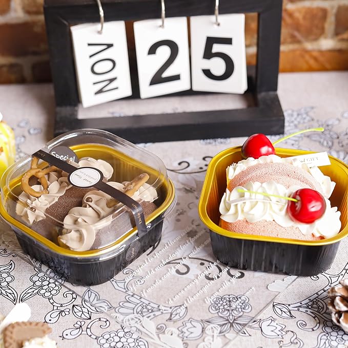 60 pack Mini Cake Pans with Lids Foil Pans Square Aluminum Pans with Lids Cupcake Liners for Birthday Wedding Party Gift (Black Gold, 10 oz)