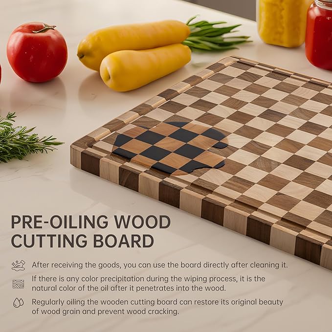 Cutting Boards for Kitchen, Checkered Cutting Board Upgraded, Acacia Wood Chopping Board with Juice Grooves & Handles, Large Butcher Block Serving Tray with Gift Box, 17"X12"X0.8"