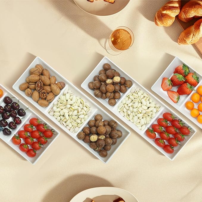 Divided Serving Tray Platter, 6 Pack 15" x 5" Fruit Veggie Food Tray for Party, Plastic Serving Trays for Appetizer, Snack, Dessert, Cookie, Brunch Decorations Platters, White Trays BPA-Free