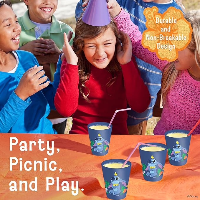 Disney Reusable Plastic Cups – 4 Pack 16 oz Plastic Drinking Glasses with Mickey, Stitch, Pooh, or Disney100 Designs – BPA-Free, Stackable, Top Rack Dishwasher Safe Tumblers for Water, Juice & More