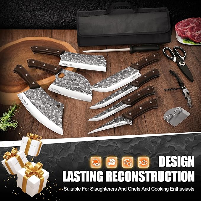 MDHAND Butcher Knife Set, 14PCS Hand Forged Butcher Chef Knife Set with Roll Bag, Heavy Duty Meat Cleaver, Fillet Knives, Meat Cutting Knife for Home Kitchen & Camping BBQ, Gifts for Men Women
