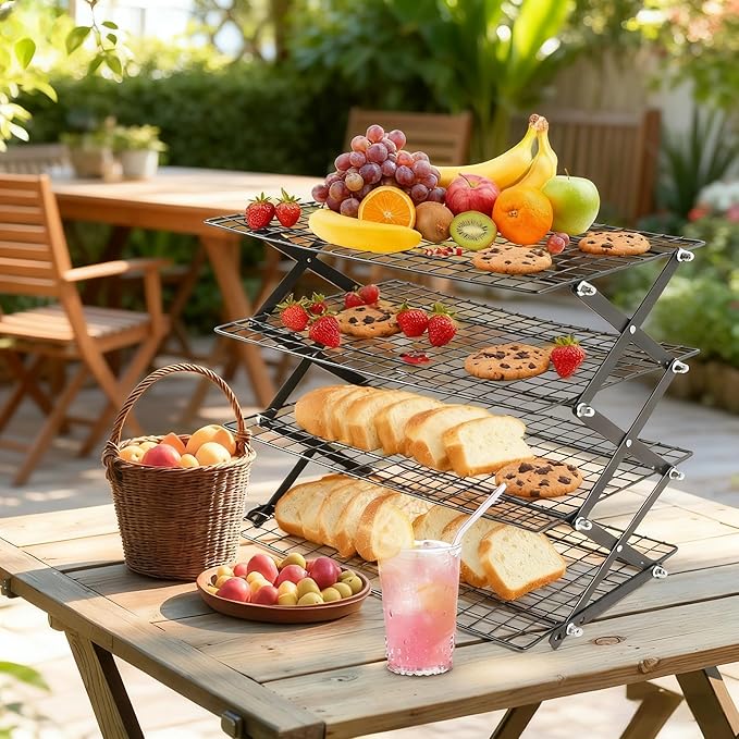 Collapsible Cooling Rack with Adjustable 3 Setting, Wire Cooling Roasting Cooking Baking Drying Rack for Cookies Bread (3-Tier)