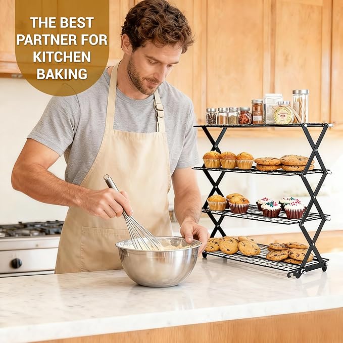 4-Tier Collapsible Cooling Rack - Adjustable Stackable Cooling Rack for Cooking and Baking, 16" x 10" Cookie Cooling Rack, Drying Rack - Black