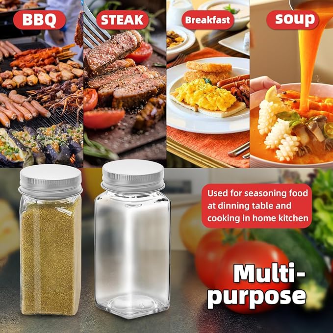 2Pcs 4oz Glass Spice Jars with Shaker Lids, Spice Jars Trial Set & Supplement Set, Empty Spice Containers and Square Spice Bottles for Kitchen (silver iron Lids)