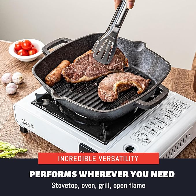Cast Iron Grill Pan for Stove Top, 10 Inch Pre-Seasoned Cast Iron Skillet & Griddle Pan, Indoor Grill Pan for Steak, Bacon & Frying, Compatible with Gas, Electric, Induction Cooktops