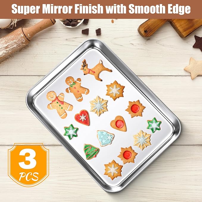 3 Pcs Baking Sheet Pan Set Stainless Steel Cookie Sheet Small Toaster Oven Pans Tray Barbecue Grill Pan Rectangle Trays Oven Freezer Bakery, Non-stick, Easy Clean, 9 x 6.7 x 1 Inches