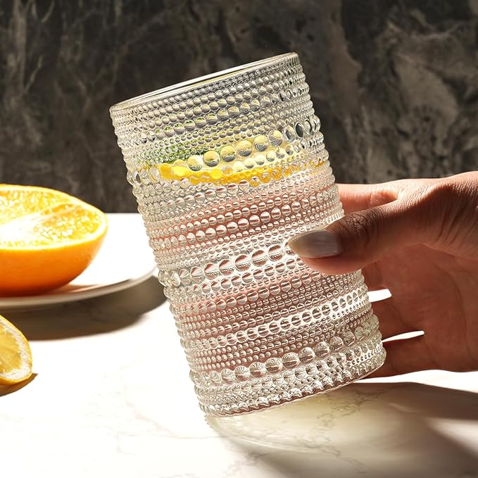Moretoes Hobnail Drinking Glasses Set of 12,12 Oz Highball Glasses Clear Embossed Boho Water Glass Cups Kitchen Bar Tumbler Glassware Set for Whiskey, Beer, Juice, Milk and Various Mixed Drinks