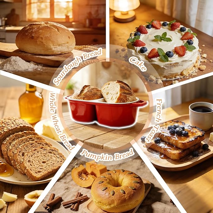 DIY Double Dutch Oven for Sourdough Bread Baking – Enamel Cast Iron Bread Baker with Lid, Bake Two Different Loaves at Once, 500°F Oven Safe, Includes 2×5" Banneton Proofing Baskets